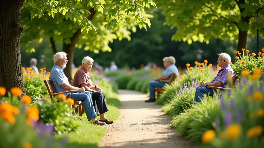Botanická zahrada v Olomouci s pestrou flórou, květiny a odpočívající senioři