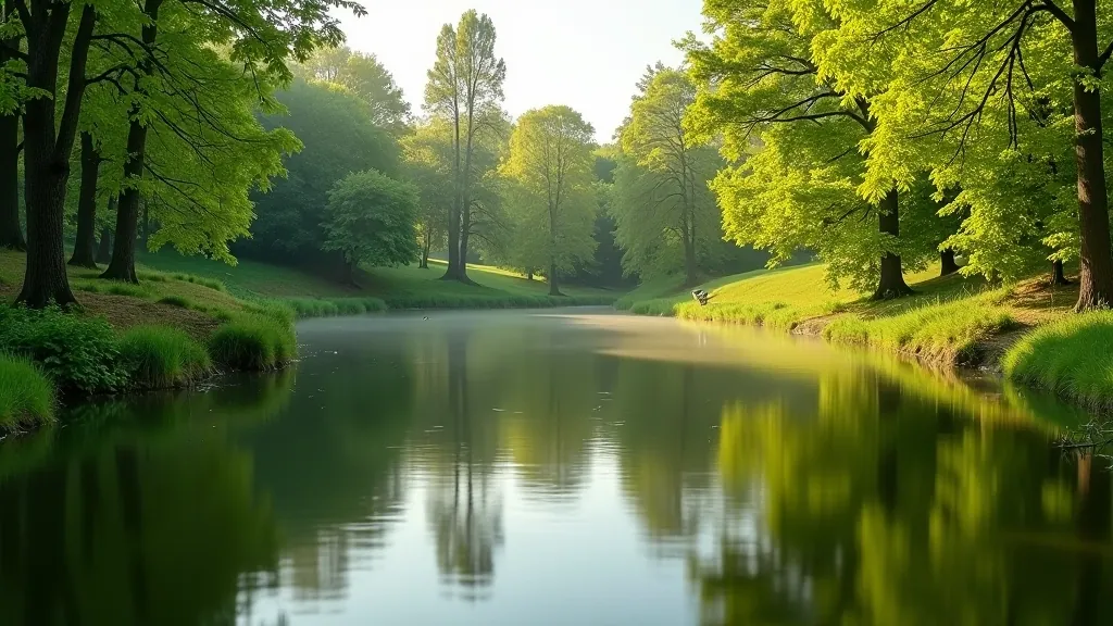 Přírodní jezírko v parku Stromovka obklopené vegetací, reflexe stromů v klidné vodě