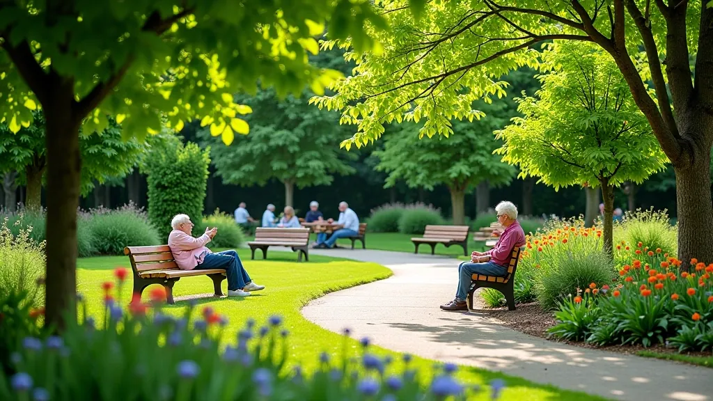 Odpočívací zóna s více lavičkami v tichém koutu botanické zahrady